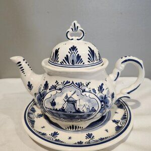 Vintage Delft Handpainted Dutch Delfts Blue Gallery 9" Teapot & 7" Dish Signed